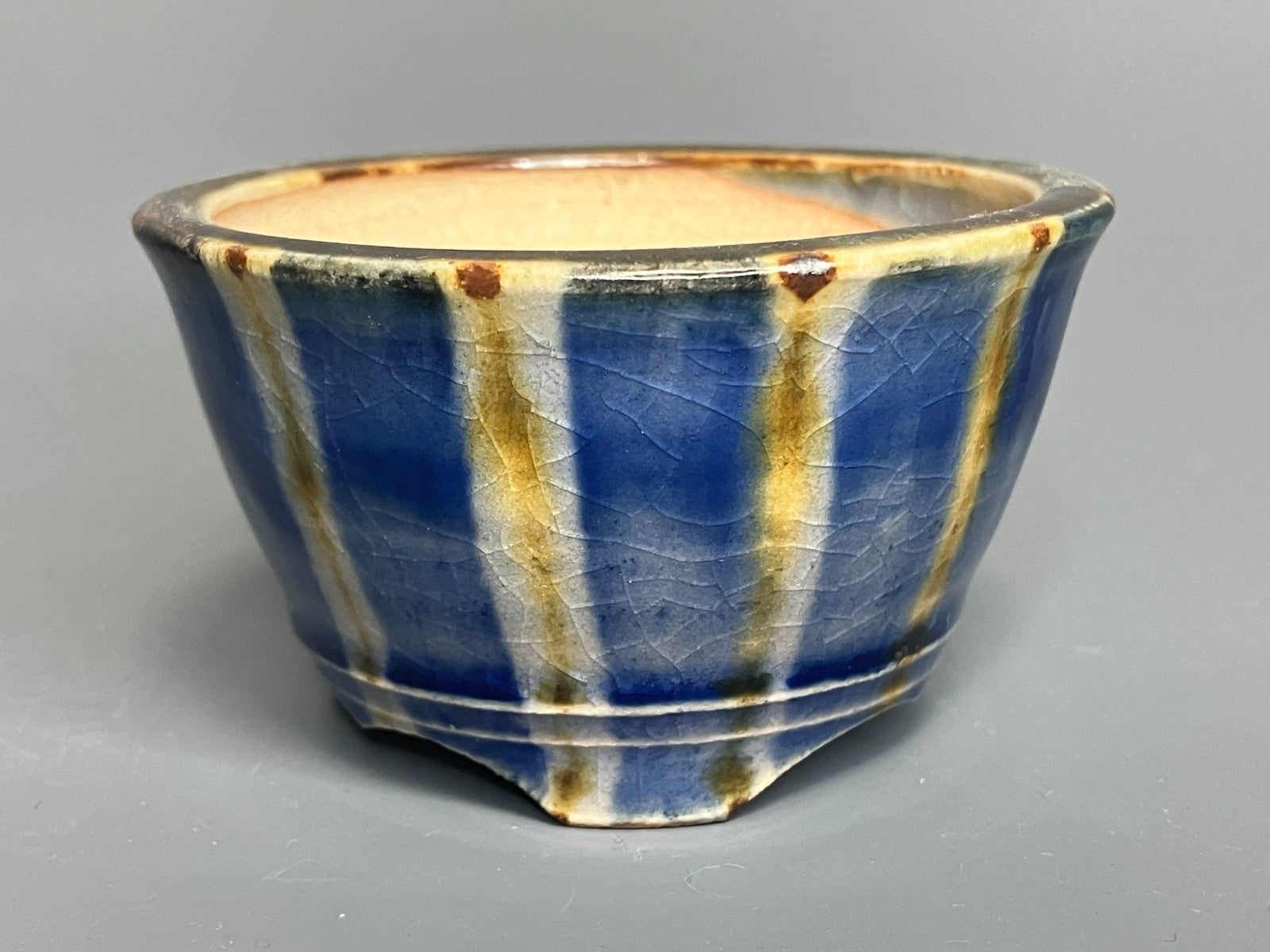 Japanese Bonsai pot MASAKO KUNII signed Glazed Blue stripe MAME Rd φ2.6" /429