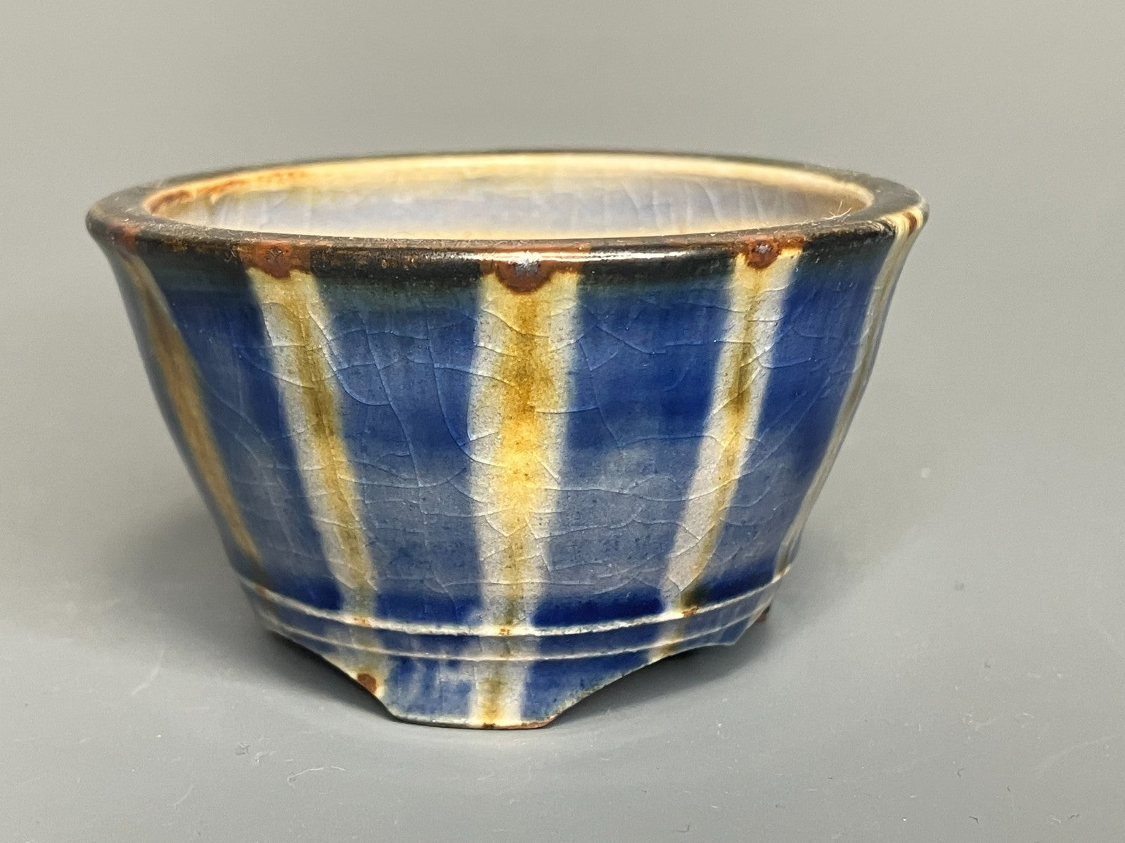 Japanese Bonsai pot MASAKO KUNII signed Glazed Blue stripe MAME Rd φ2.6" /429