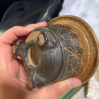 Japanese bonsai pot HOSEI TANI sign Relief pattern Outer edge Round φ3.9" /384 6