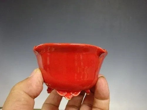 Japanese Bonsai pot FUKA signed Coral glazed RINKA Round Red φ3.7" /424
