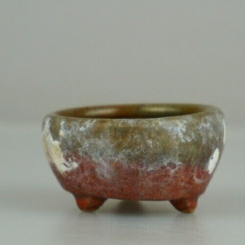 Japanese Bonsai pot artist signed MAME Red & green glazed Three legs φ1.9" /406