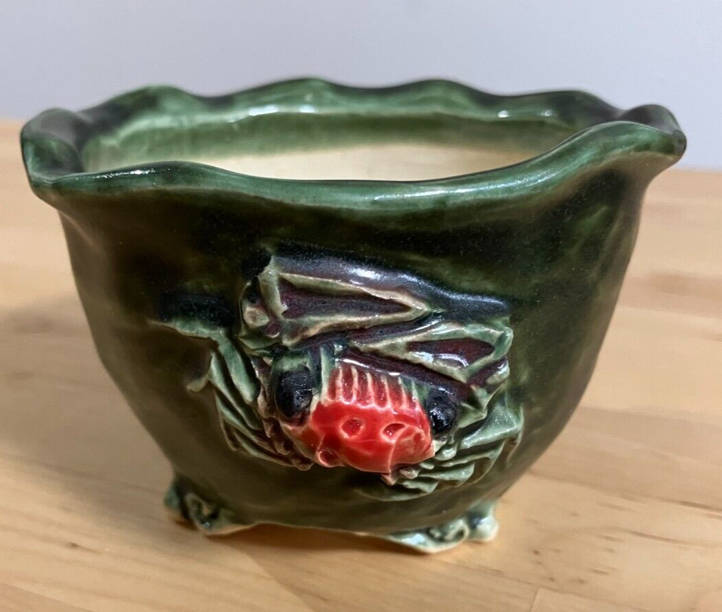 Japanese bonsai pot MASASHI FURUMOTO signed Green glazed Crab relief w3.8" 342