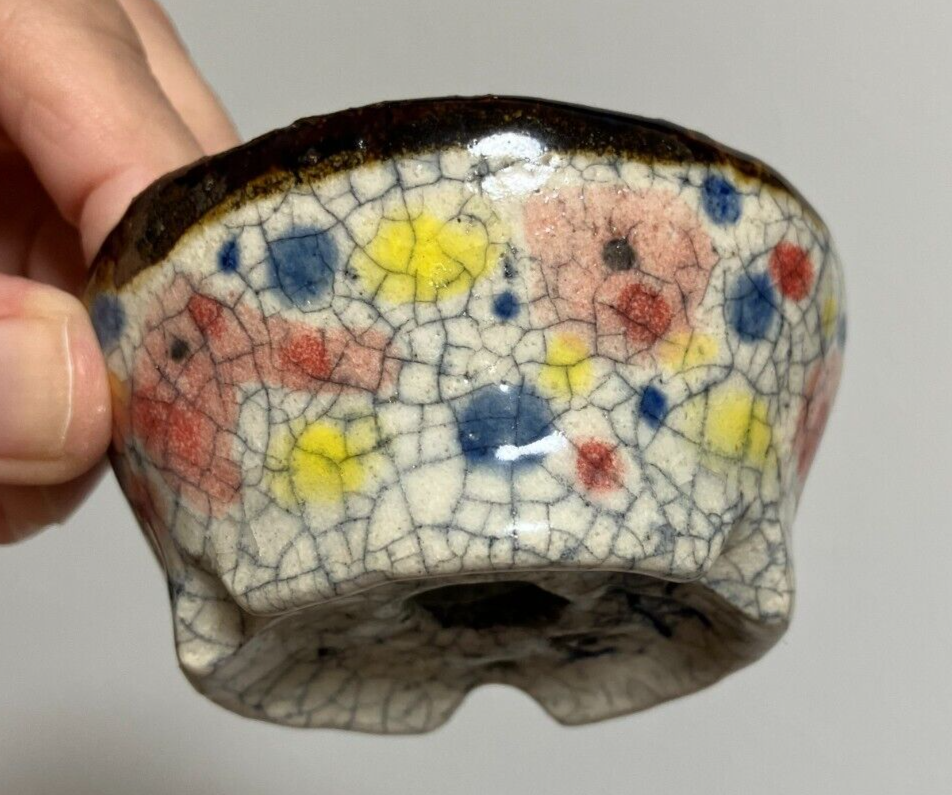 Japanese bonsai pot ECHIZEN BUNZAN signed round multicolor glazed New φ3" #29