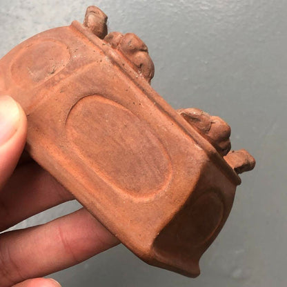 Japanese bonsai pot MASAMINE 正峯 signed SHUDEI Red clay Hexagon Cloud w3.9" /413