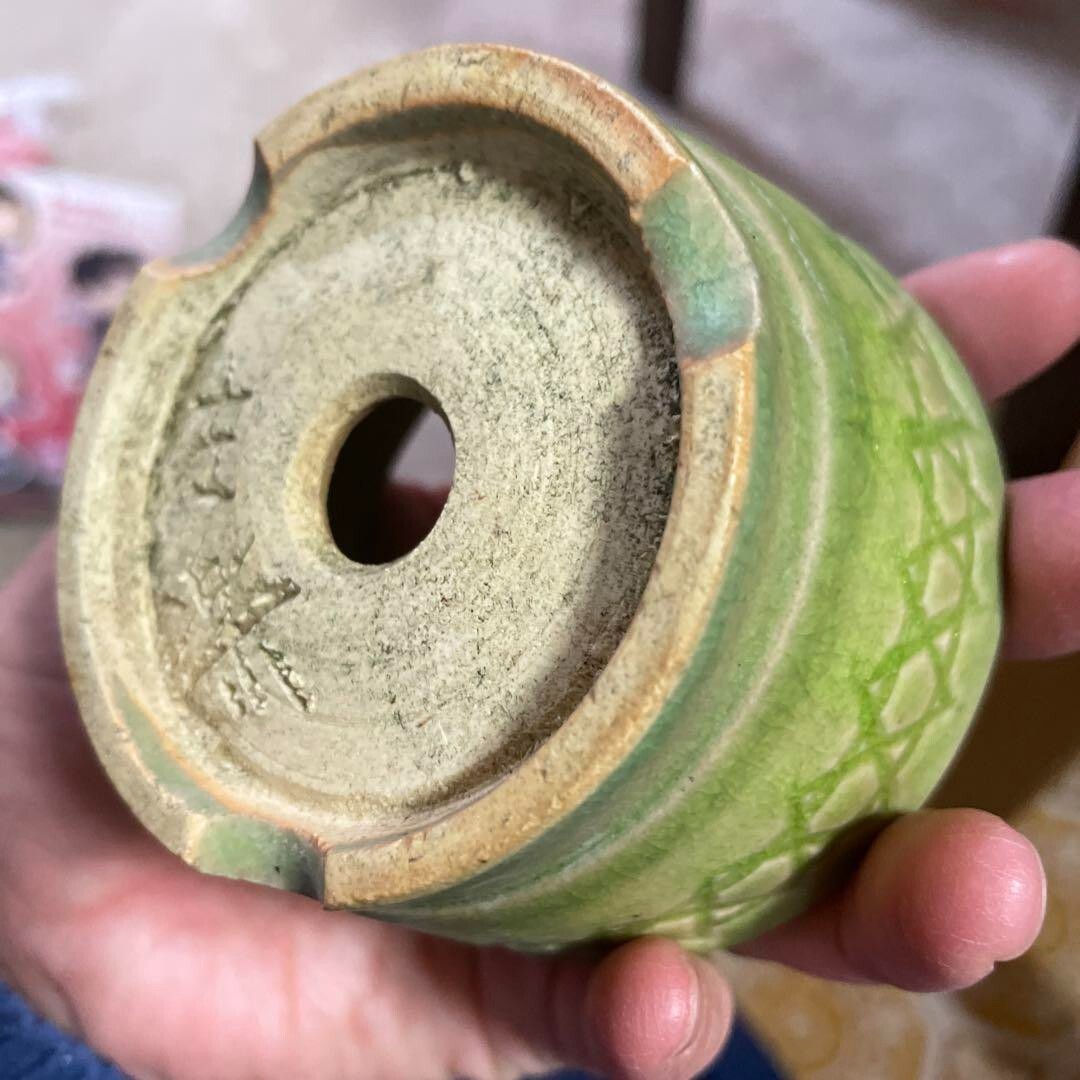 Japanese Bonsai pot SARAKU signed Green glazed Relief pattern Round φ3.2" /387