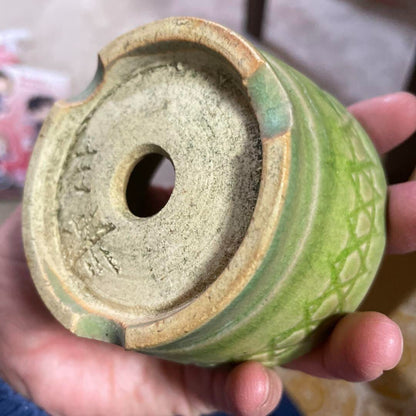 Japanese Bonsai pot SARAKU signed Green glazed Relief pattern Round φ3.2" /387