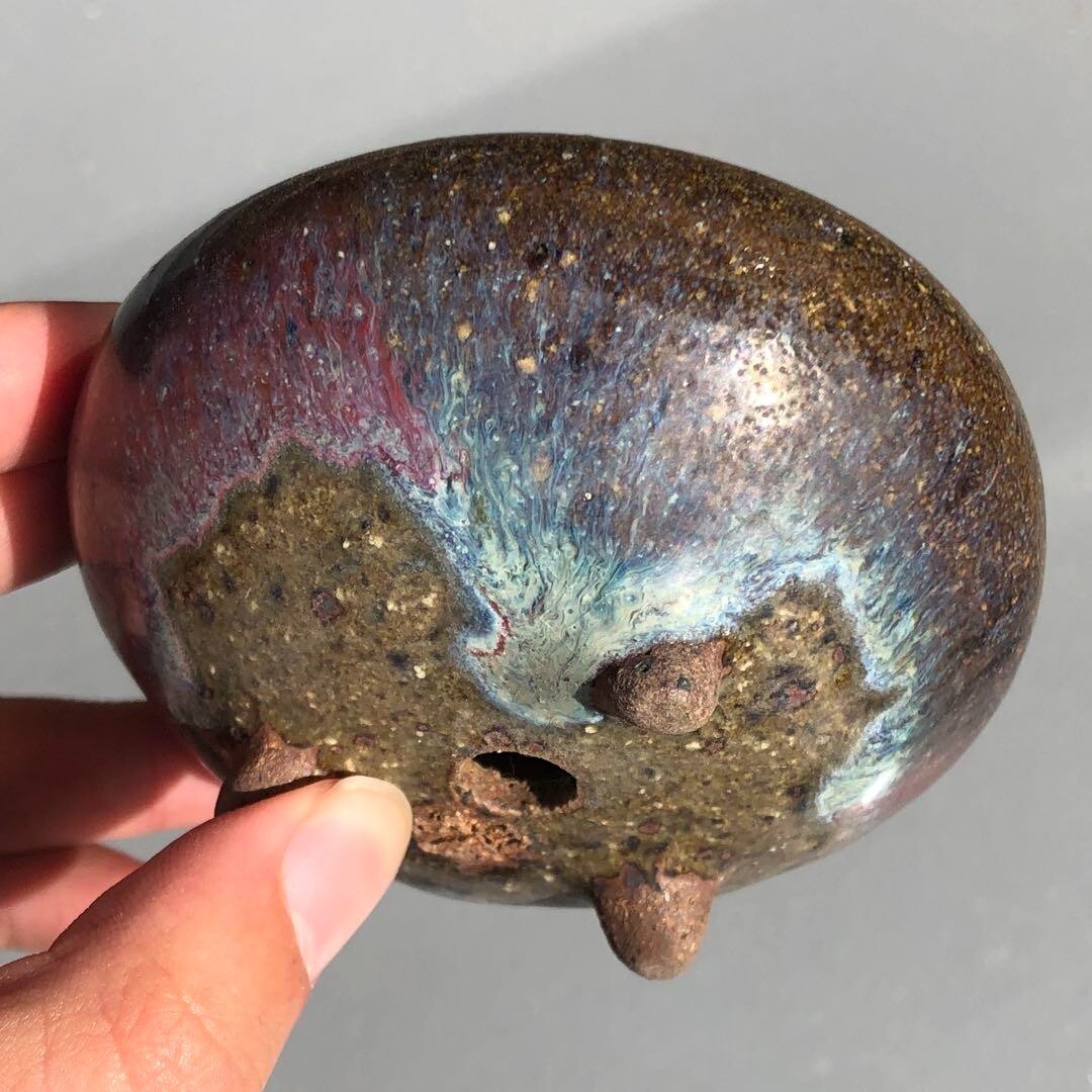 Japanese bonsai pot YOHEN Cinnabar glazed 3 legs Blue Purple Round φ3.5" /422