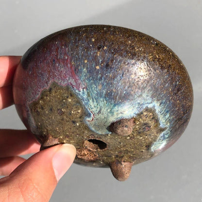 Japanese bonsai pot YOHEN Cinnabar glazed 3 legs Blue Purple Round φ3.5" /422