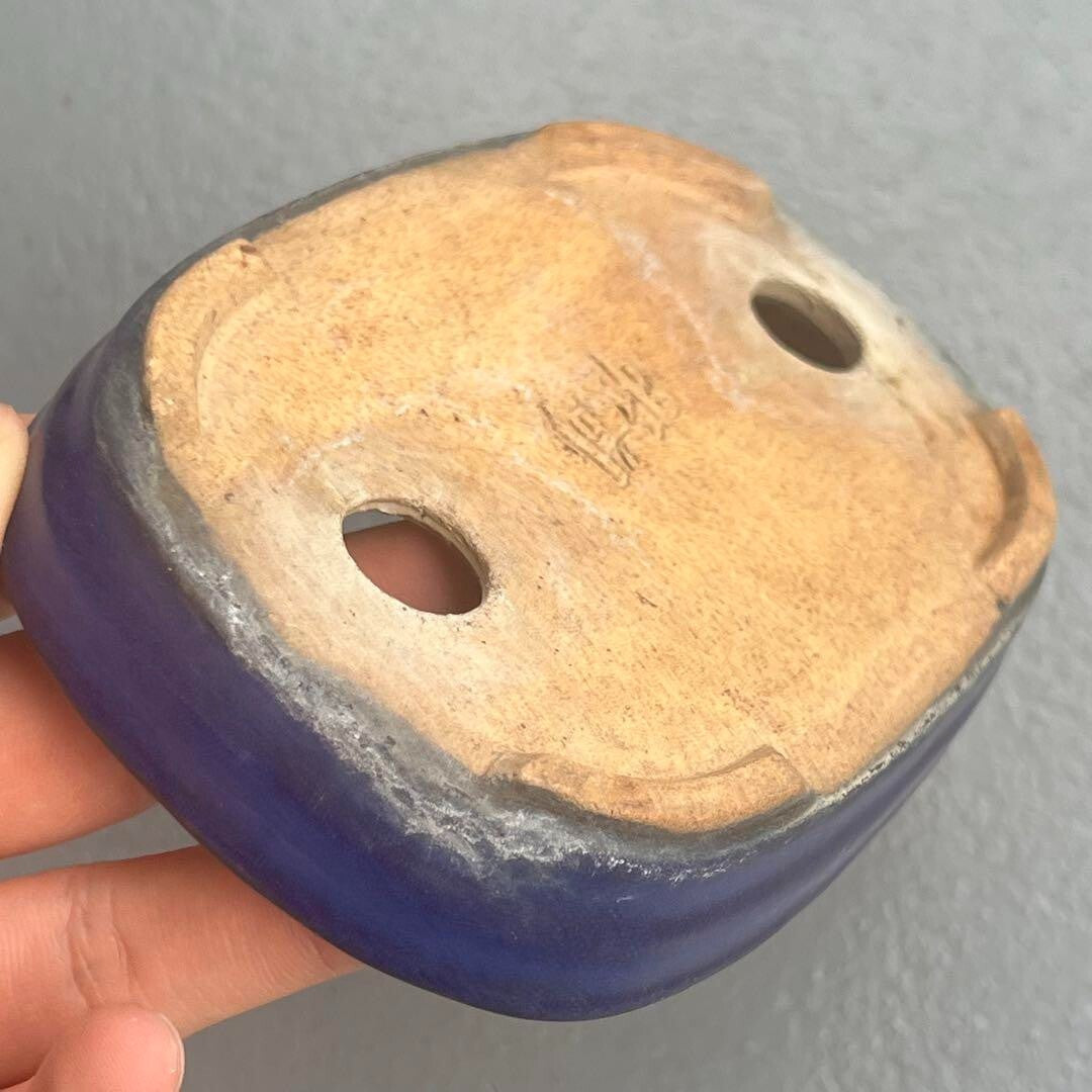 Japanese TOKONAME Bonsai pot HATTORI signed Blue glazed Rectangle w5" /403