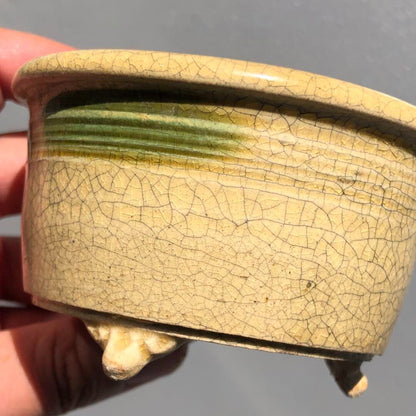 Japanese bonsai pot YOZAN sign SETO crackle Glazed cream cloud foot φ3.5" /291