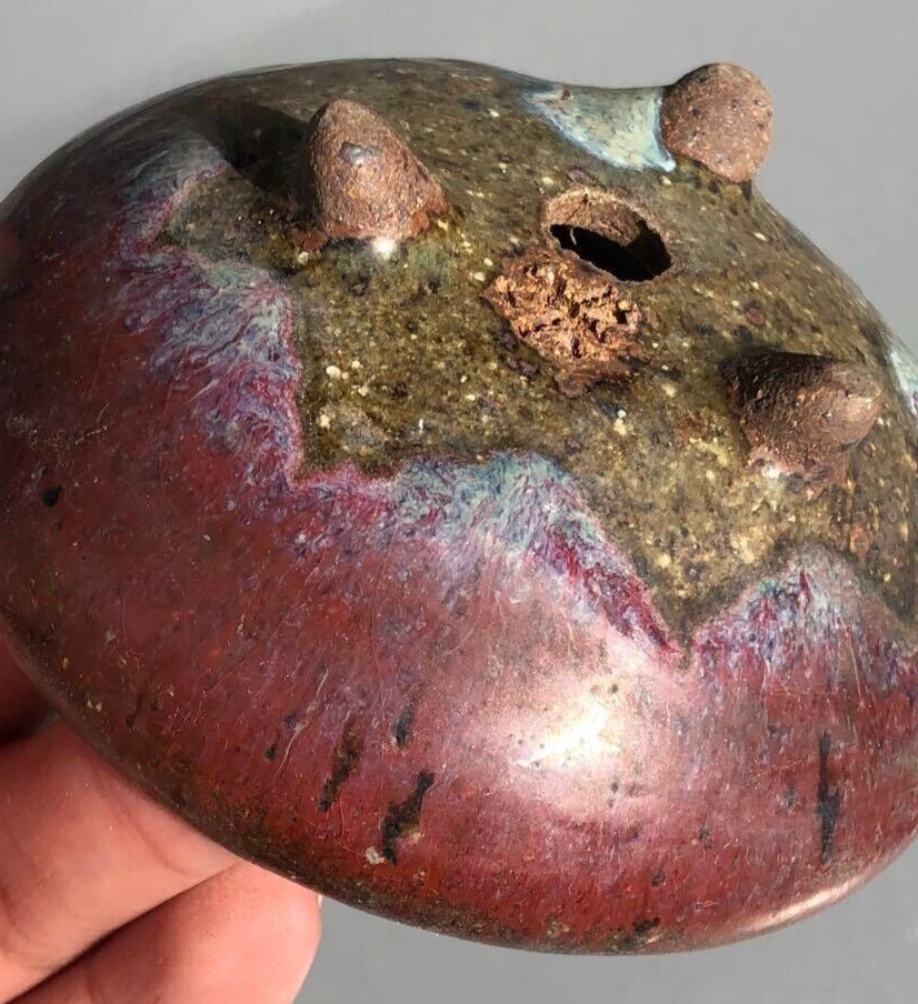 Japanese bonsai pot YOHEN Cinnabar glazed 3 legs Blue Purple Round φ3.5" /422