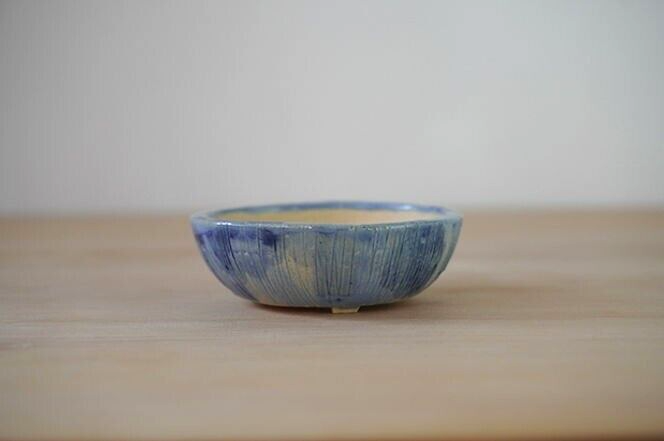 Japanese bonsai pot AKIMUNE signed MAME glazed Blue rain three legs φ2.7" /318