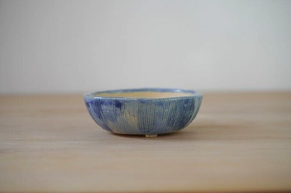 Japanese bonsai pot AKIMUNE signed MAME glazed Blue rain three legs φ2.7" /318