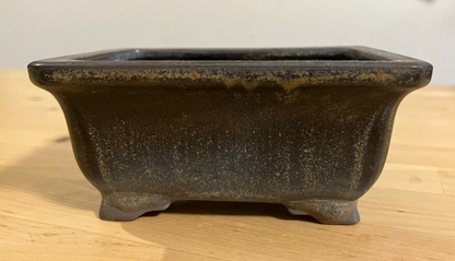 Japanese bonsai pot TOSUI signed glazed rectangle black brown w4.1" #26