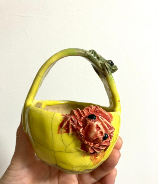 Japanese bonsai pot MASASHI FURUMOTO signed frog & crab relief basket φ3.3" /312