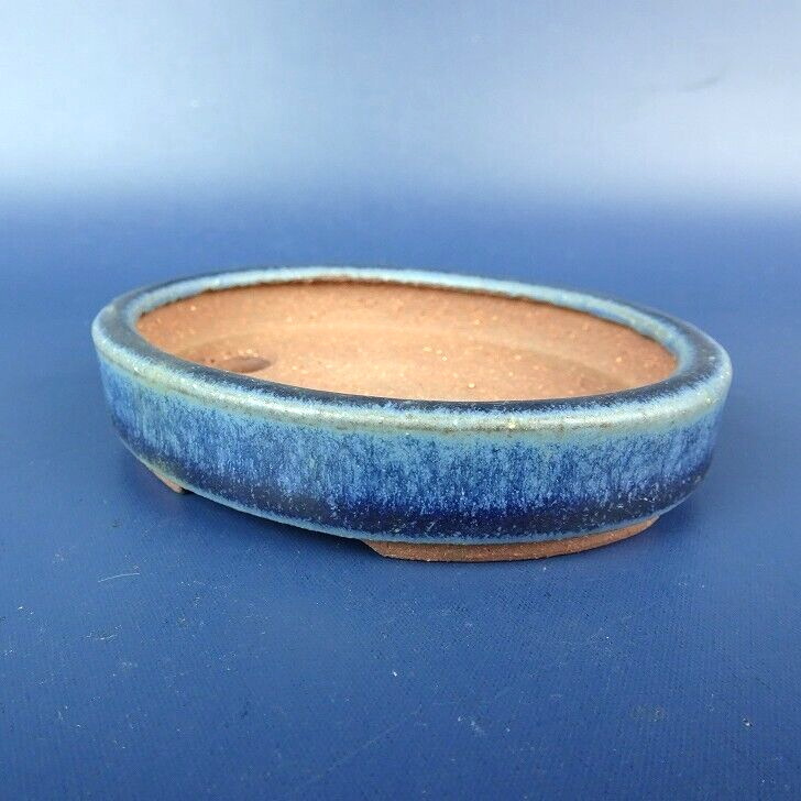 Japanese TOKONAME bonsai pot YOZAN signed Navy glazed Oval NAMAKO w3.5" /405