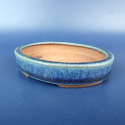 Japanese TOKONAME bonsai pot YOZAN signed Navy glazed Oval NAMAKO w3.5" /405