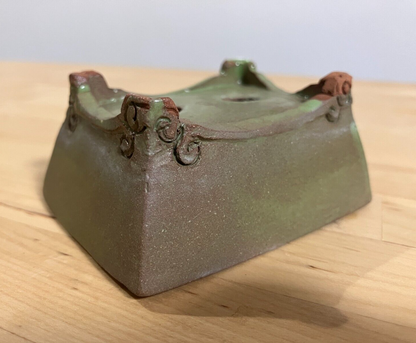 Japanese bonsai pot Artist signed green glazed rctgl Unique cloud f/ w3.3in n27
