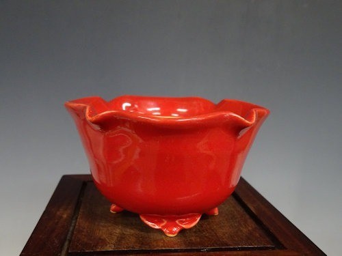 Japanese Bonsai pot FUKA signed Coral glazed RINKA Round Red φ3.7" /424