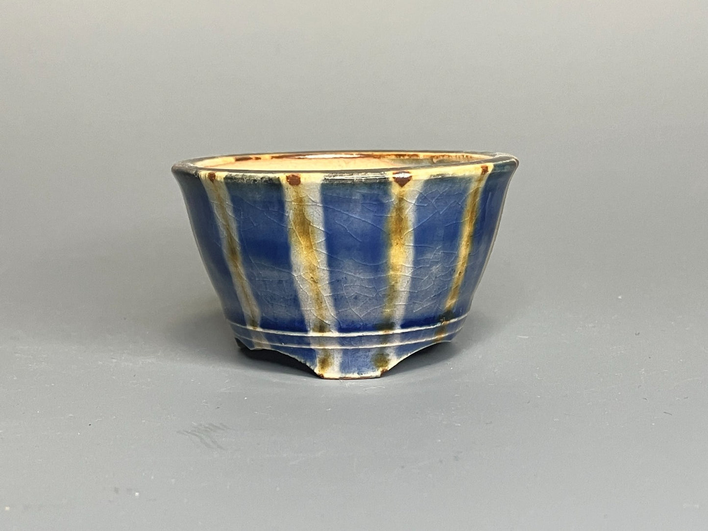 Japanese Bonsai pot MASAKO KUNII signed Glazed Blue stripe MAME Rd φ2.6" /429