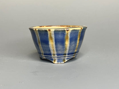 Japanese Bonsai pot MASAKO KUNII signed Glazed Blue stripe MAME Rd φ2.6" /429