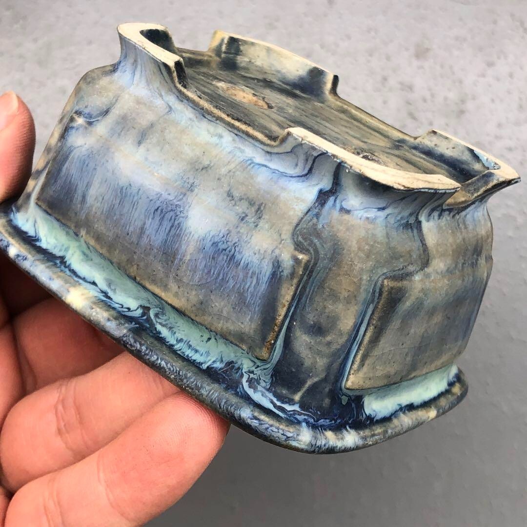 Japanese bonsai pot KEISHIN DOSHITA signed rectangle Marble glazed w3.3" /382