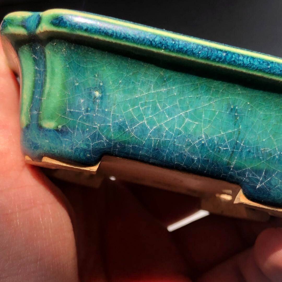 Japanese TOKONAME Bonsai pot YOZAN kiln EIMEI signed Green glazed w3.3" /404