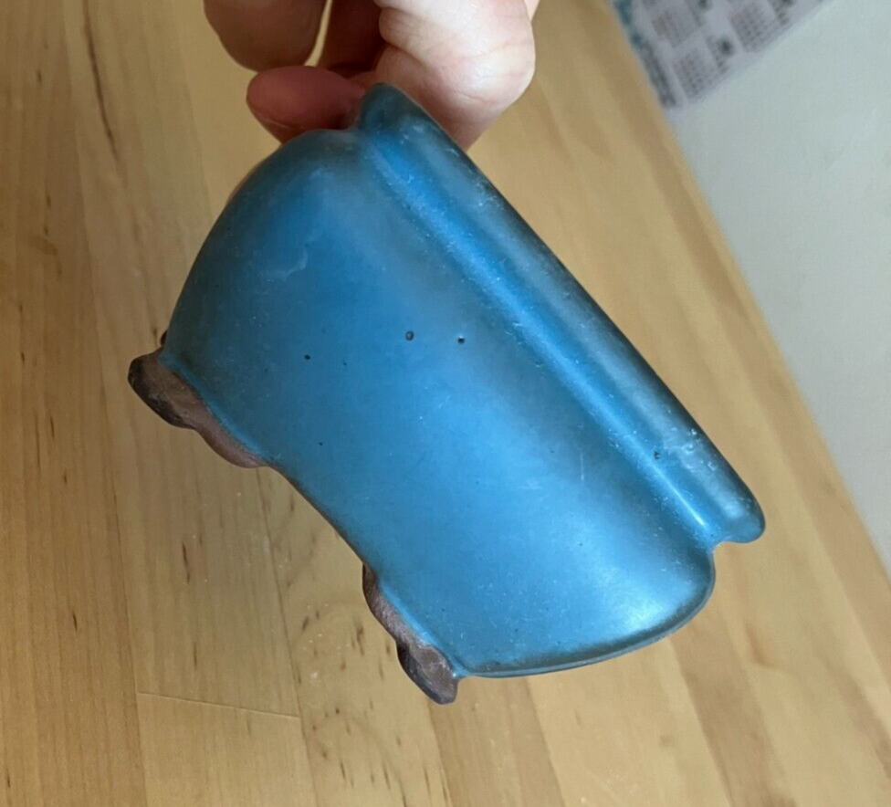 Japanese bonsai pot TOSUI signed blue glazed Jar shaped cloud foot w2.8" /19