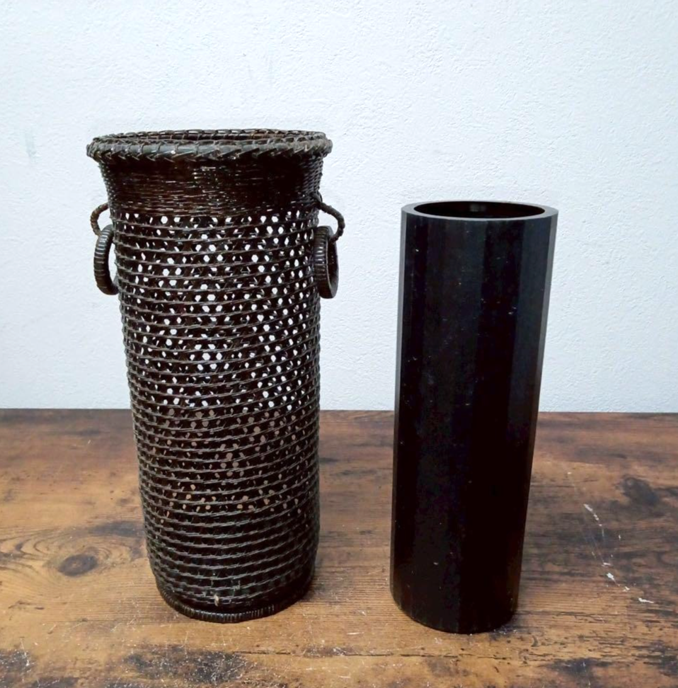Japanese braided bamboo work Flower basket IKEBANA vase Tall h10.8" /436