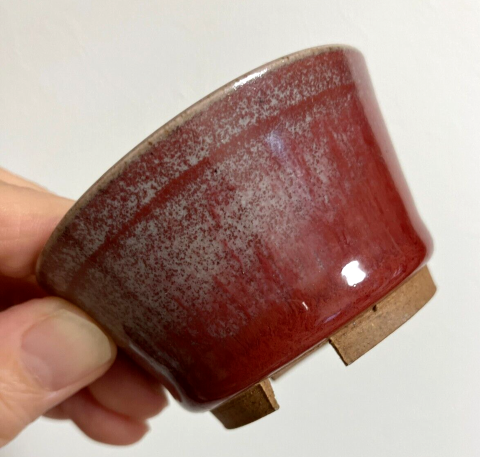 Japanese bonsai pot TACHIBANA signed red glazed SESSOKU foot use φ2.8" /238