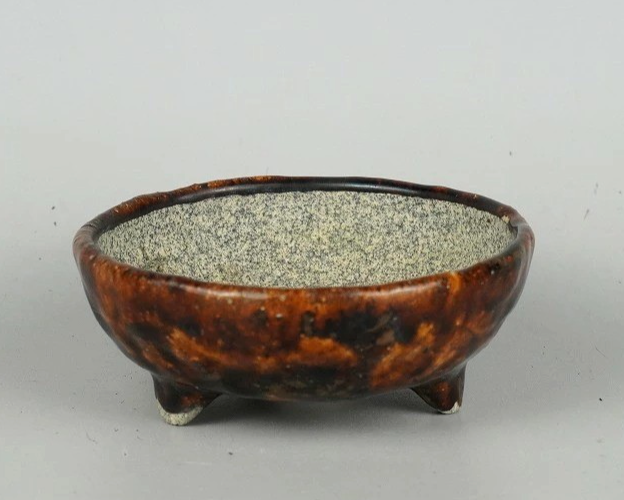 Japanese Bonsai pot ECHIZEN BUNZAN signed Brown glazed Round φ4.3" /438 11