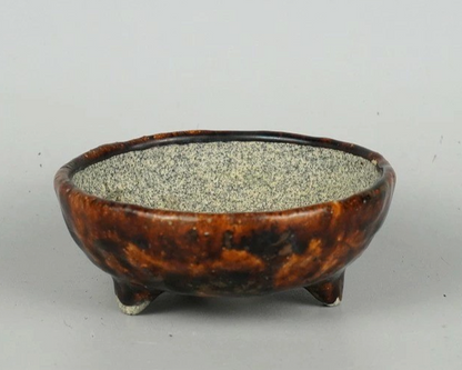 Japanese Bonsai pot ECHIZEN BUNZAN signed Brown glazed Round φ4.3" /438 11