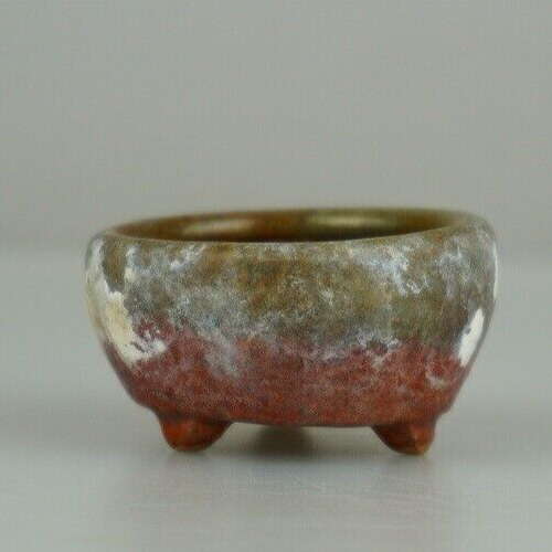 Japanese Bonsai pot artist signed MAME Red & green glazed Three legs φ1.9" /406