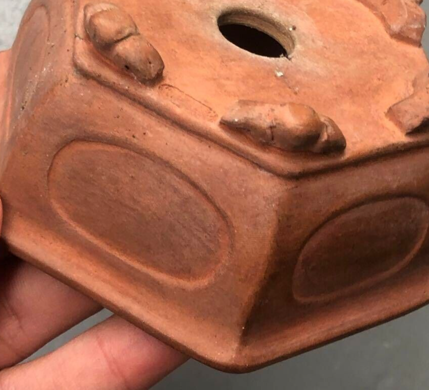 Japanese bonsai pot MASAMINE 正峯 signed SHUDEI Red clay Hexagon Cloud w3.9" /413