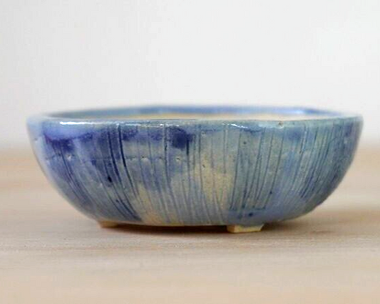 Japanese bonsai pot AKIMUNE signed MAME glazed Blue rain three legs φ2.7" /318