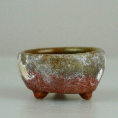 Japanese Bonsai pot artist signed MAME Red & green glazed Three legs φ1.9" /406