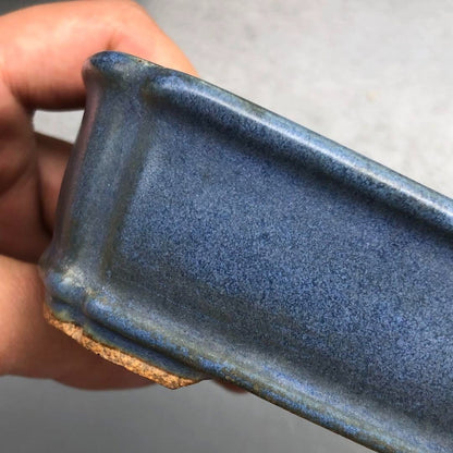 Japanese TOKONAME Bonsai pot HATTORI sign Blue glaze Outer edge Rctgl w4.8" /425