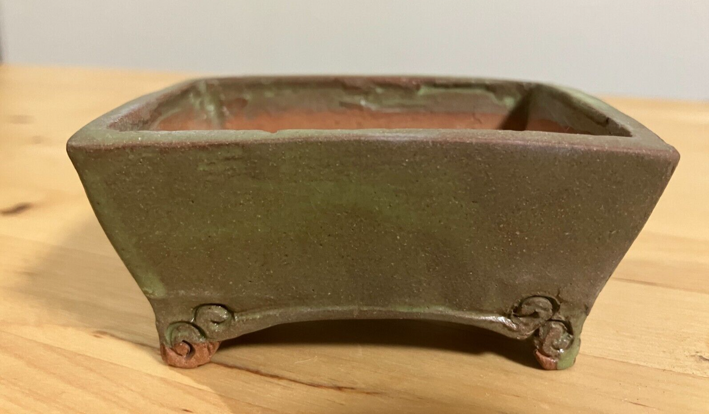 Japanese bonsai pot Artist signed green glazed rctgl Unique cloud f/ w3.3in n27
