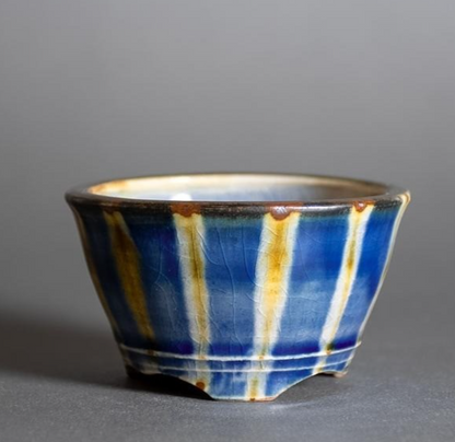 Japanese Bonsai pot MASAKO KUNII signed Glazed Blue stripe MAME Rd φ2.6" /429
